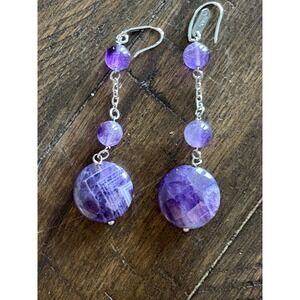 VTG Manuel Zed Stainless Steel Dangle Earrings Purple Glass Stone‎ Amethyst